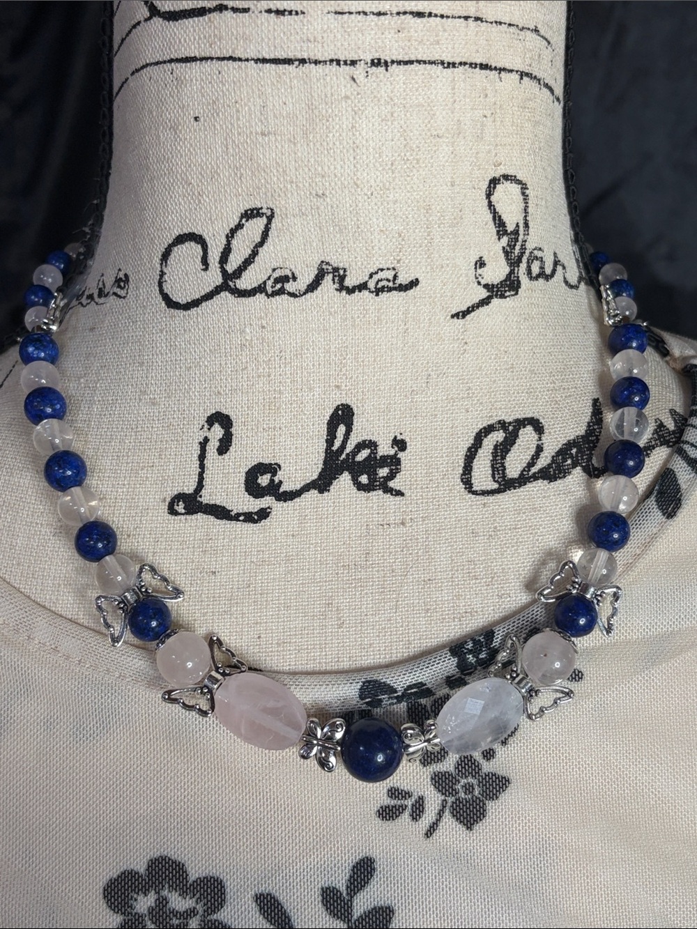 Handmade Lapis Lazuli & Rose Quartz Butterfly Princesscore Necklace Barbiecore